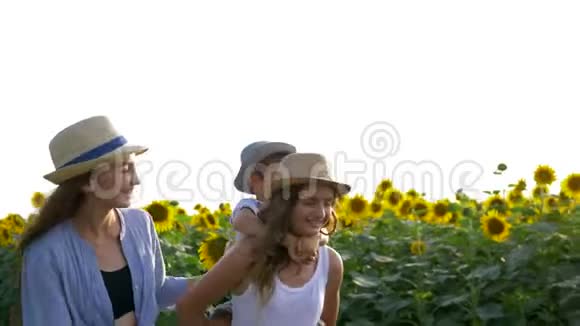 环境和孩子们女孩和弟弟带着向日葵在田野里走来走去享受着新鲜的空气视频的预览图