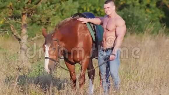 一个年轻的运动员站在一匹漂亮的马旁边抚摸着一匹马有时在夏天看着相机视频的预览图