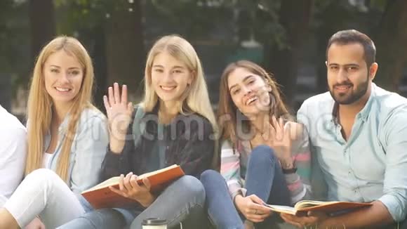 一群年轻学生坐在绿色草坪高中校园里视频的预览图