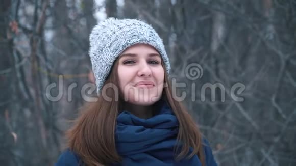 在一片白色的冬林里微笑着的年轻女孩新年的心情视频的预览图