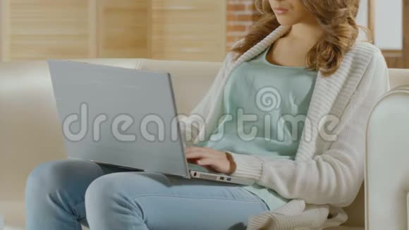 女性自由职业者坐在沙发上在笔记本电脑上工作回复电子邮件视频的预览图