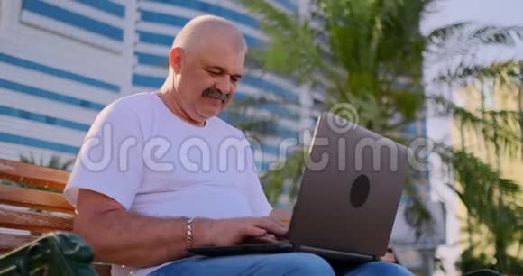 坐在棕榈树间的公园长椅上看着笔记本电脑屏幕视频的预览图
