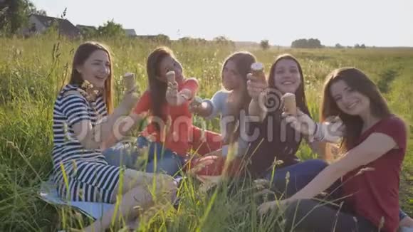 在一个温暖的夏天五个年轻的女学生在草地上吃冰淇淋并展示冰淇淋视频的预览图