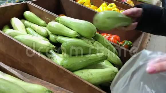 在超市选择西葫芦的女人把绿色蔬菜南瓜送到塑料包里食品购物视频的预览图