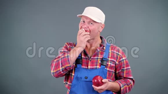 穿着格子衬衫和蓝色连衣裙的英俊的男农民手里拿着两个成熟的大红苹果吃咬他们视频的预览图