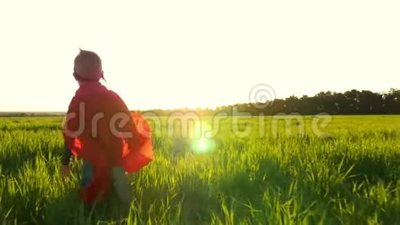 穿着超级英雄服装的孩子穿着红色斗篷在日落的背景下沿着绿色草坪奔跑视频的预览图