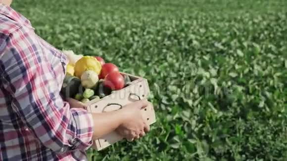 女农民带着一个装有不同蔬菜的木箱视频的预览图