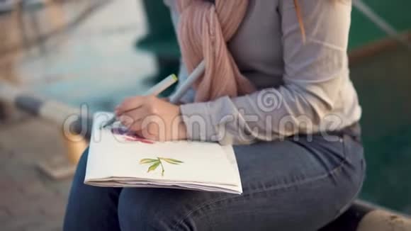 女性的双手正在画一本素描书近海外的特写视频的预览图