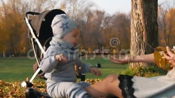 年轻的妈妈坐在草地上和她的小宝宝玩向摄影师挥手视频的预览图