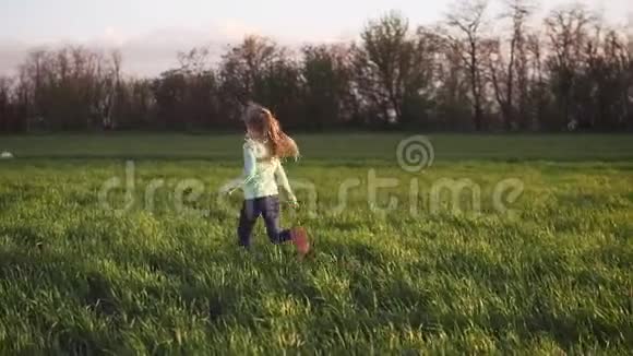 可爱的孩子们在草地上奔跑两个小妹妹在草地上快乐地奔跑的慢镜头视频的预览图