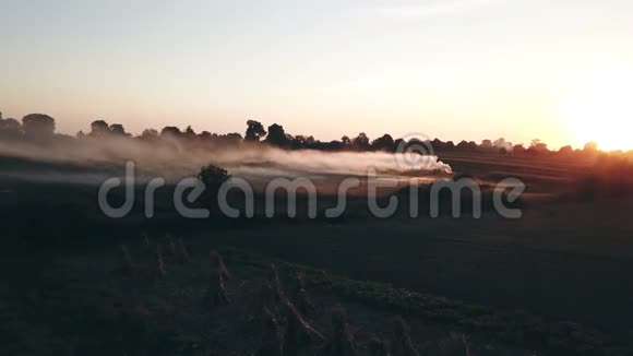 日落时分飞过草地在烟雾中电影胶片视频的预览图