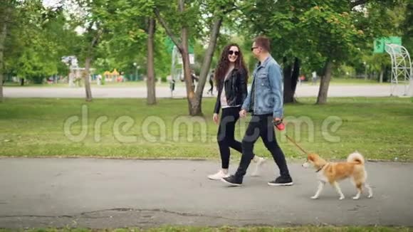 慢镜头侧视有吸引力的年轻人狗主人遛宠物和他的女朋友聊天手拉手视频的预览图