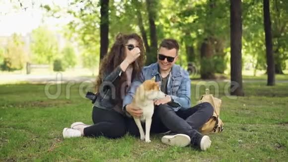 令人兴奋的年轻人喜欢的一对情侣正在为可爱的狗石坝抓它的皮毛谈笑风生地坐在上面视频的预览图