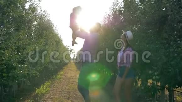 农村家庭的童年快乐坚强的父亲把儿子抛向天空母亲在阳光下向苹果园挥手视频的预览图