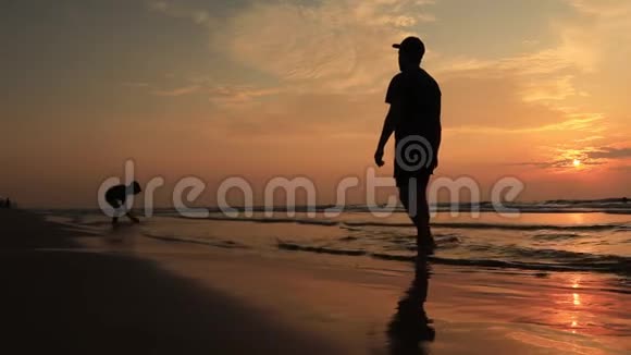 在沙滩上玩飞盘的剪影人们被夏日的阳光照得背光视频的预览图