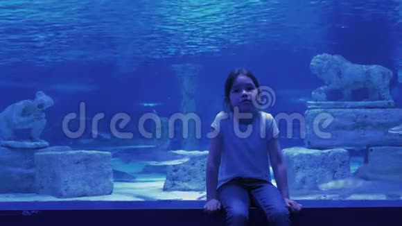 可爱的女孩在大型水族馆里看鱼视频的预览图