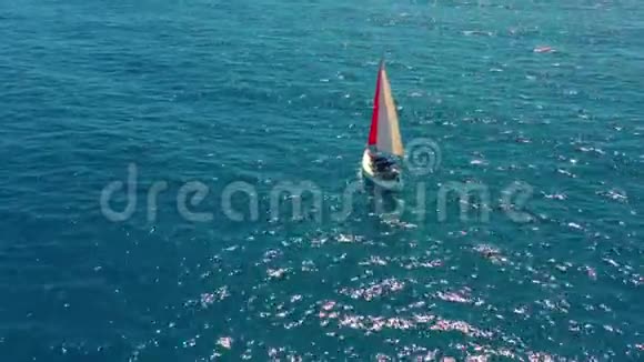 晴天在公海上航行的游艇带红帆的帆船视频的预览图