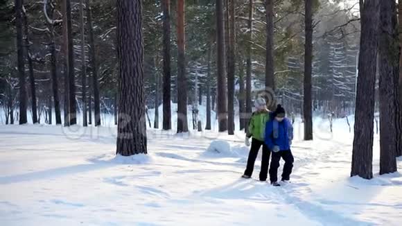 母子走在冬林里视频的预览图
