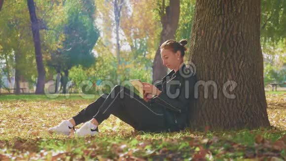 年轻女子在户外使用平板电脑坐在草地上女孩在秋季公园使用数字平板电脑视频的预览图