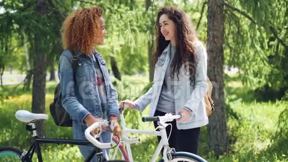 美丽的女人和她的非裔美国朋友骑车人在阳光明媚的夏日站在公园里聊天视频的预览图