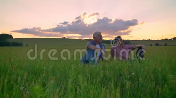 快乐的老父亲和他成年的儿子坐在小麦或黑麦地上微笑着背景下美丽的日落视频的预览图