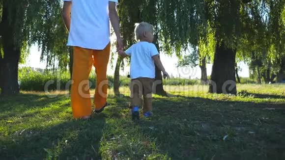 年轻的父亲和小儿子牵着手在夏天穿过绿色公园快乐的家庭花时间视频的预览图