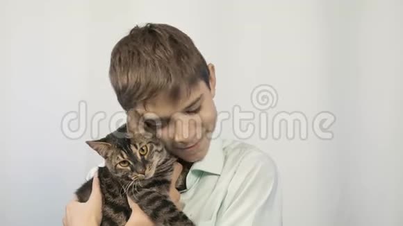 男孩拥抱并亲吻他的小猫快乐的童年视频的预览图