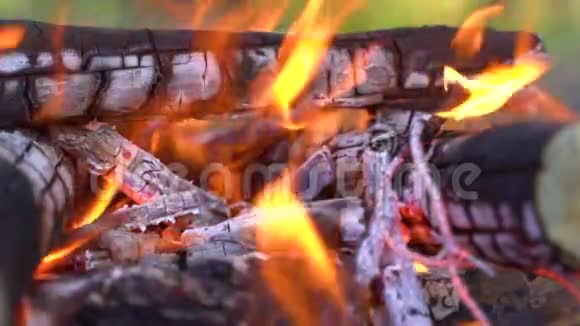 在砖壁炉里近距离拍摄温暖舒适的燃烧的火焰慢动作高清高清视频的预览图