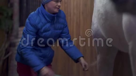 一个穿着蓝色夹克和运动帽的年轻漂亮女人正在马厩里刷一匹白马的尾巴视频的预览图