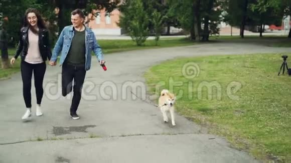 慢动作小娃娃拍摄的快乐运动的人狗主人在公园里与他们的宠物和微笑美丽美丽视频的预览图