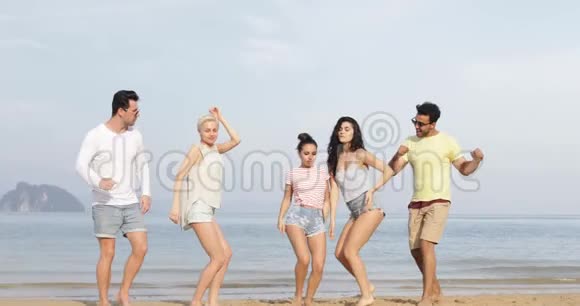 人们在海滩上跳舞快乐的朋友混合比赛团体游客海上度假视频的预览图