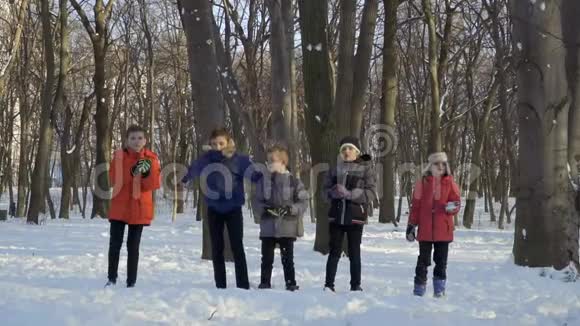 5个男孩在冬季公园里慢动作地扔雪视频的预览图