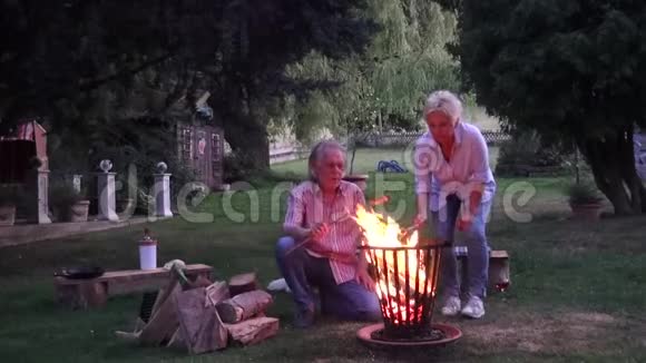 有魅力的一对夫妇在篝火旁享受浪漫的夜晚吃烤香肠视频的预览图