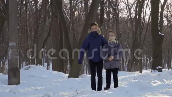 两个男孩在冬季公园看飞鸽慢动作视频的预览图