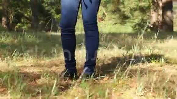 一个穿牛仔裤的女孩站在森林里的腿特写视频的预览图