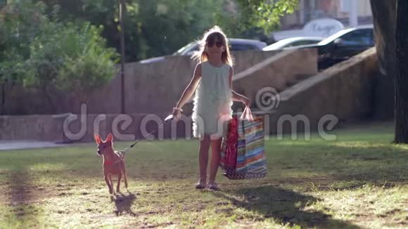 夏季购物新买的快乐小女孩参观精品店后带狗散步视频的预览图