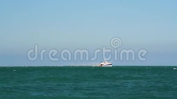 一艘渔船伴随着许多海鸥在阳光明媚的夏天在埃特雷特视频的预览图