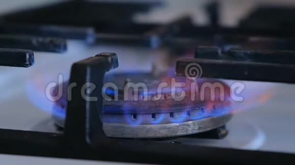 炉子燃烧器中的天然气炎症从厨房煤气炉里烧煤气视频的预览图