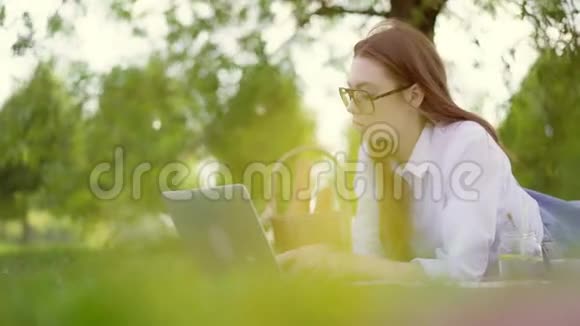漂亮的年轻女子在公园里玩笔记本电脑视频的预览图