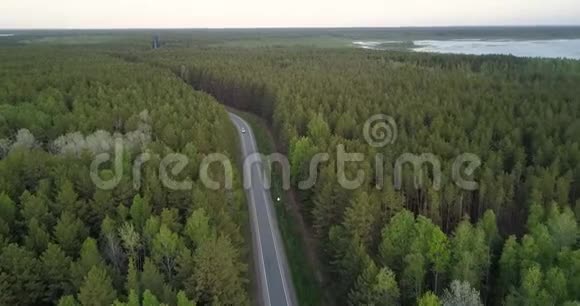 Flycam沿着靠近汽车的道路行驶在常绿森林中视频的预览图