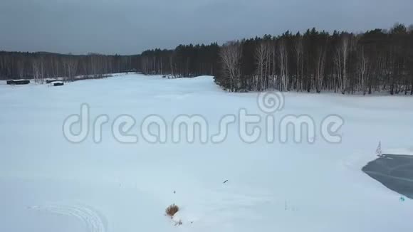 在灰色的天空下冬天在针叶树附近的冰冻湖的鸟瞰录像美丽的冬天视频的预览图
