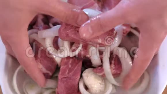 人们用手将猪肉块与洋葱和香料混合腌制成沙士利克视频的预览图