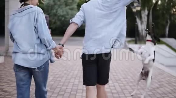 年轻的白种人夫妇正和狗一起在城市公园散步穿着蓝色衬衫男孩在玩视频的预览图