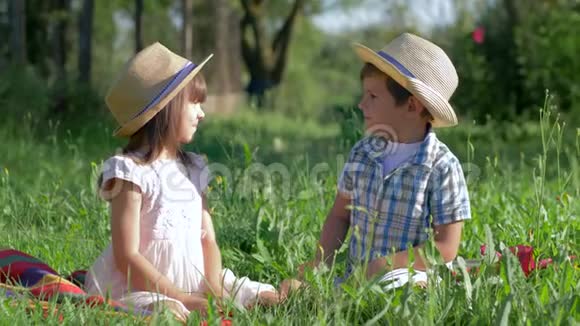 可爱的小两口在新鲜空气中小男孩送给坐在绿草中的女孩鲜花视频的预览图