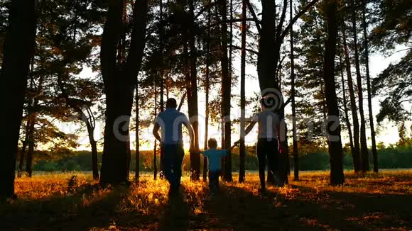 幸福一家三口人牵着手在夕阳的背景下穿过树林视频的预览图