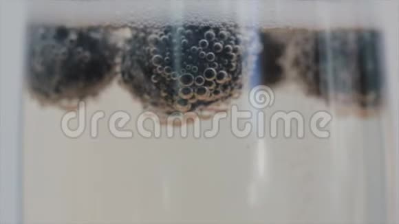 香槟泡沫的特写附着在蓝莓上漂浮在玻璃中慢动作视频的预览图