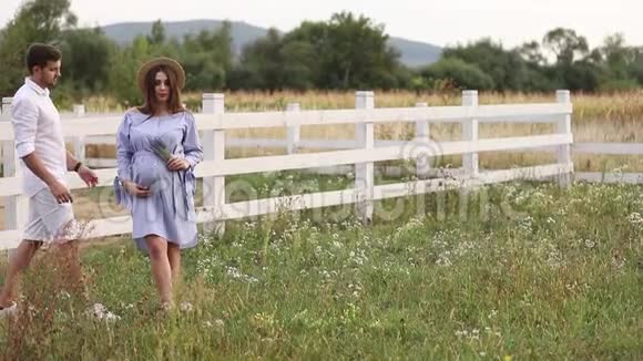 马和他怀孕的妻子站在农场附近的田野里互相拥抱男人去看他的女人录像视频的预览图
