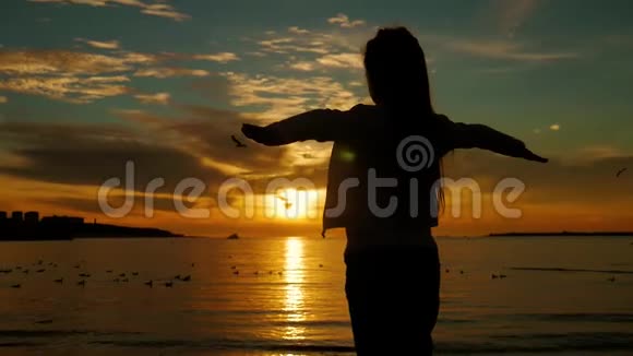 快乐女孩的剪影站在夕阳的天空和大海的背景上把他的手扔得像苍蝇一样夏季视频的预览图