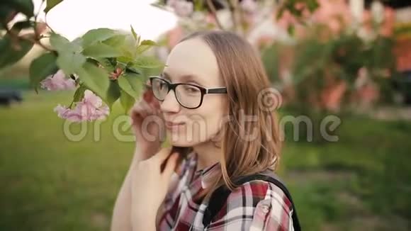 戴眼镜的漂亮女孩摆姿势拍照背景中绽放着粉色的树木有选择的焦点视频的预览图