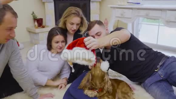 年轻的白种人男人和女孩在家里的地板上放松和狗一起玩视频的预览图
